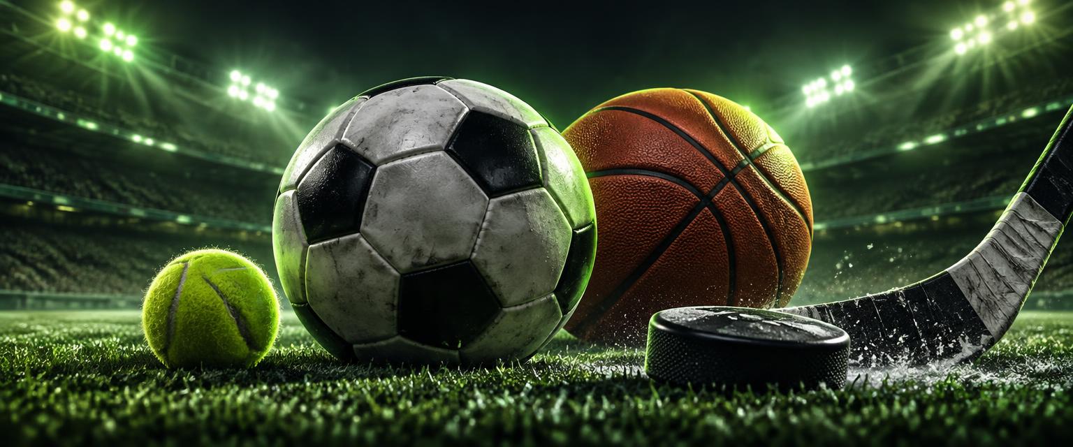 Soccer ball, basketball, tennis ball and hockey puck under stadium lights